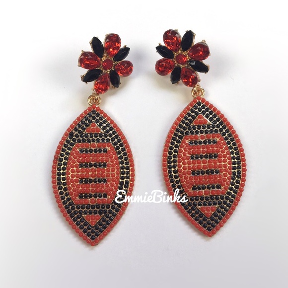 New Red & Black Rhinestone Football Drop Dangle Earrings - Picture 8 of 12